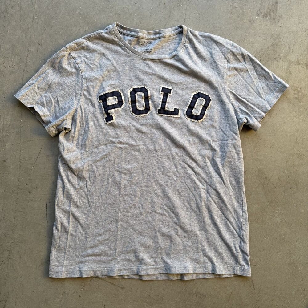 Polo Ralph Lauren Mens L Spellout Graphic T-Shirt Gray Arc Logo Custom Fit